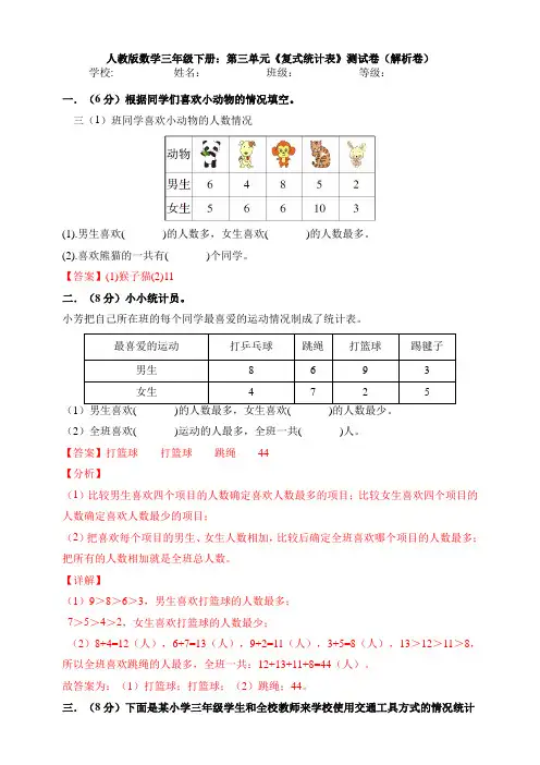 人教版数学三年级下册：第三单元《复式统计表》测试卷(解析卷)