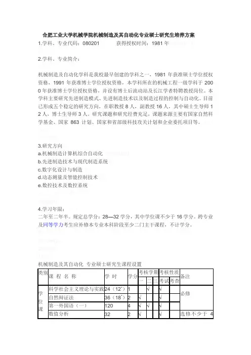 机械制造及其自动化专业硕士研究生培养方案