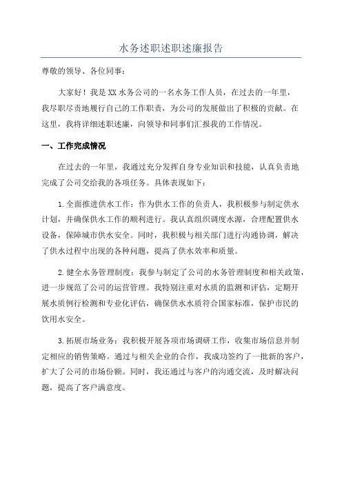 水务述职述职述廉报告