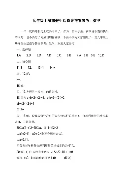 九年级上册寒假生活指导答案参考：数学
