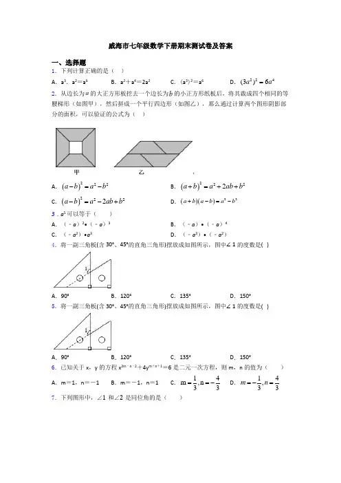 威海市七年级数学下册期末测试卷及答案