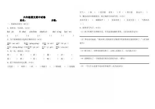 最新2018-2019学年度语文s版六年级语文下册期中检测题