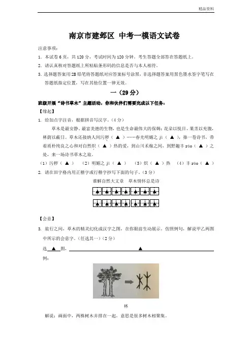 江苏省南京市建邺区中考一模语文试卷及答案