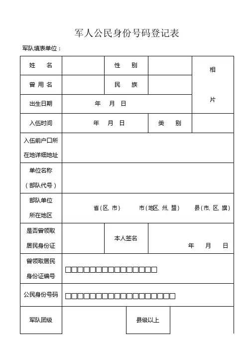 军人公民身份号码登记表