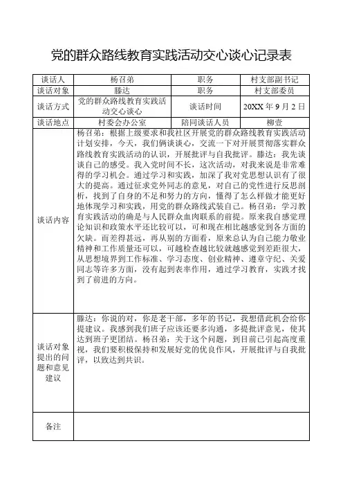 党的群众路线教育实践活动交心谈心记录表