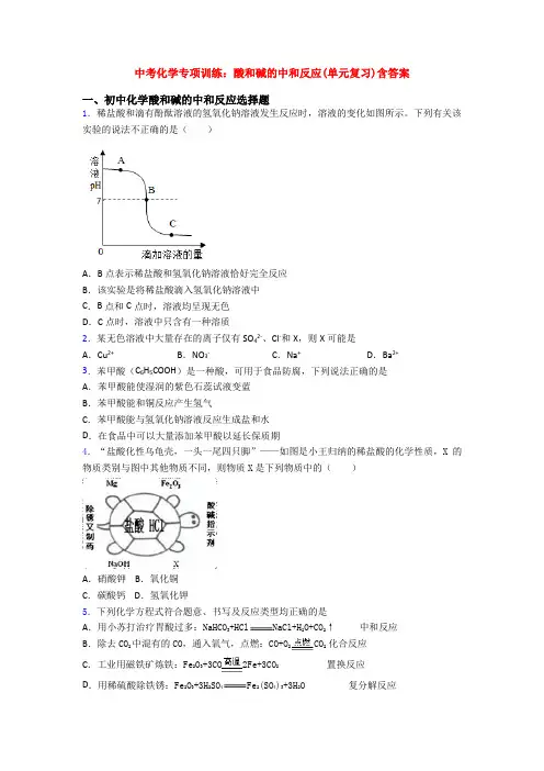 中考化学专项训练：酸和碱的中和反应(单元复习)含答案