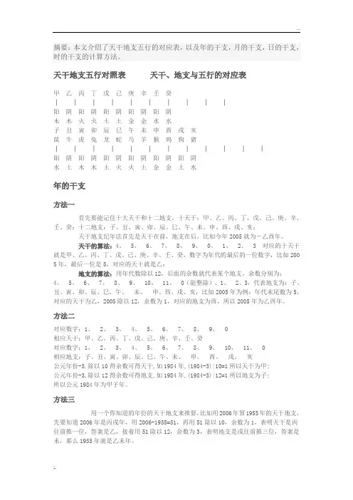 天干地支五行算法和对照表