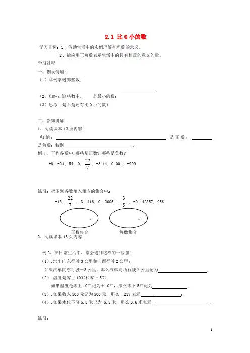 七年级数学上册 2.1 比0小的数(第1课时)学案(无答案) 苏科版