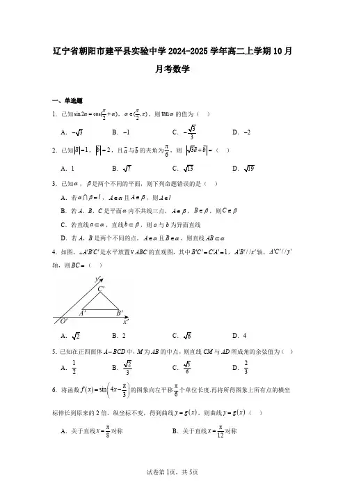 辽宁省朝阳市建平县实验中学2024-2025学年高二上学期10月月考数学