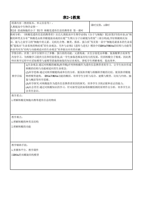 2.5.1核酸是遗传信息的携带者教学设计2023-2024学年高一上学期生物人教版(2019)必修1