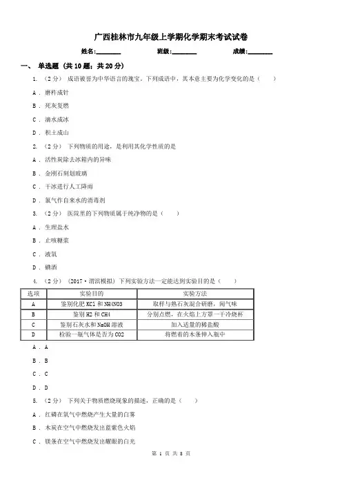 广西桂林市九年级上学期化学期末考试试卷