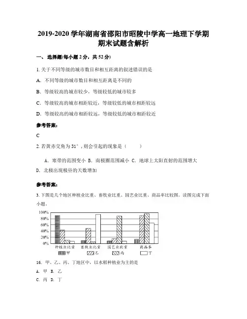 2019-2020学年湖南省邵阳市昭陵中学高一地理下学期期末试题含解析