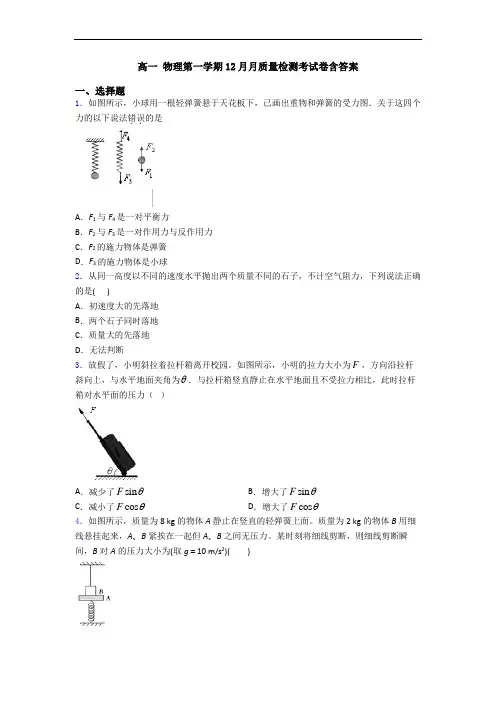 高一 物理第一学期12月月质量检测考试卷含答案
