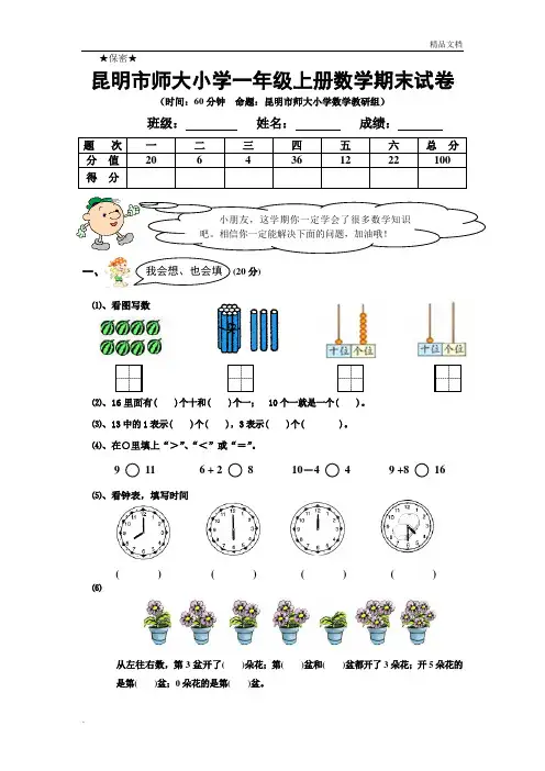 一年级上册 苏教版 数学试卷及答案