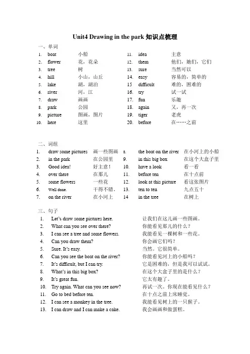 【译林版】4B Unit4 Drawing in the park知识点梳理