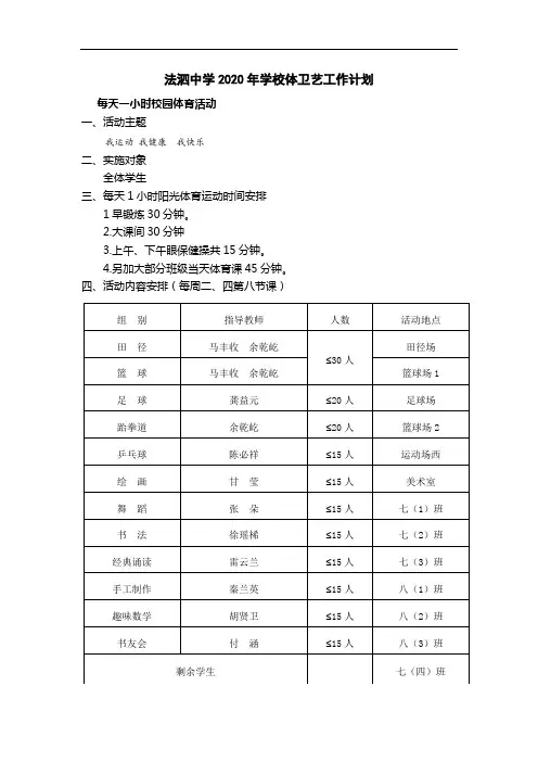 2020年秋法泗中学体卫艺工作计划