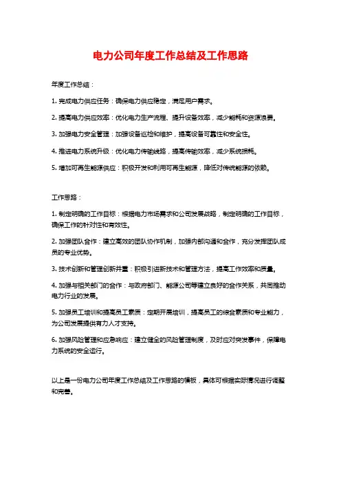 电力公司年度工作总结及工作思路