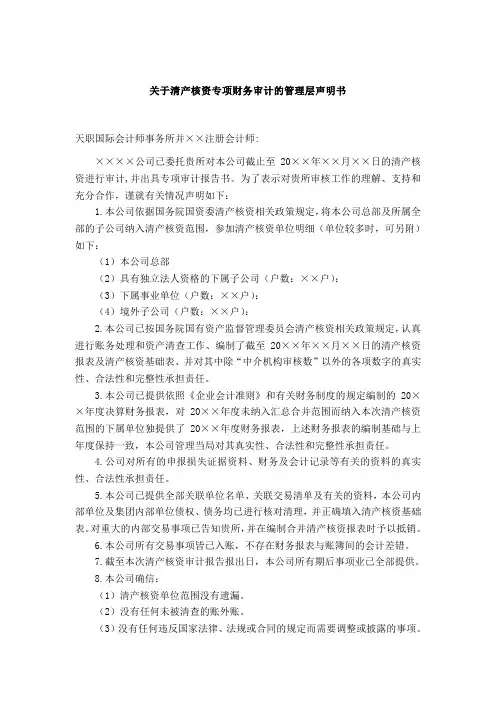 声明书模板——清产核资专项财务审计管理层声明书