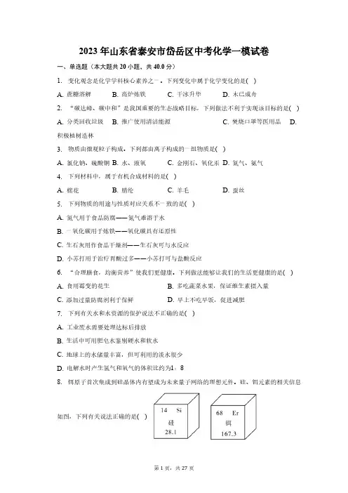 2023年山东省泰安市岱岳区中考化学一模试卷-普通用卷
