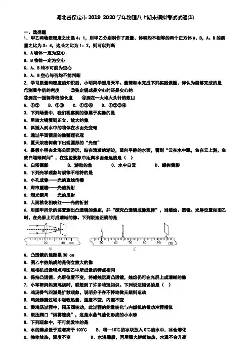 河北省保定市2019-2020学年物理八上期末模拟考试试题(1)