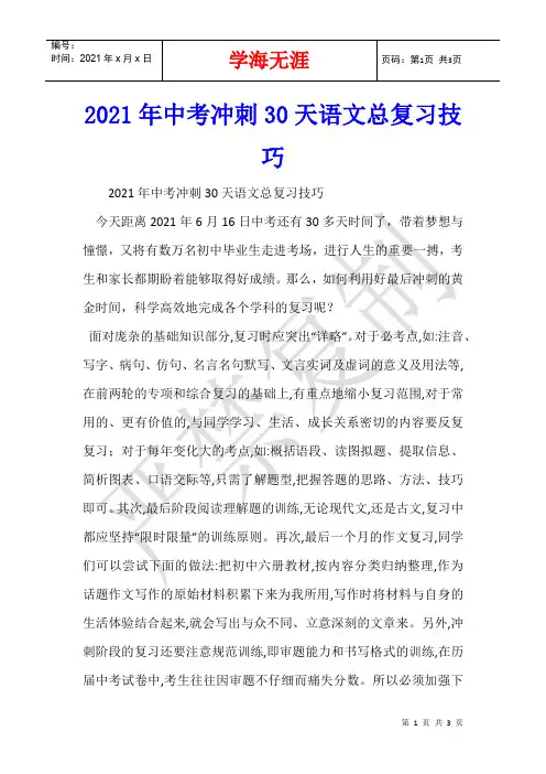 2021年中考冲刺30天语文总复习技巧