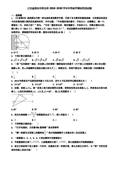 江苏省南京市联合体2019-2020学年中考数学模拟检测试题