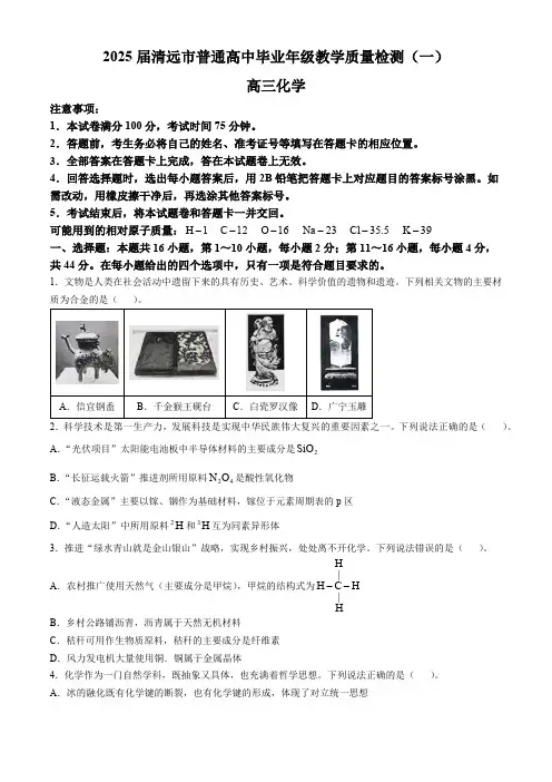 广东省清远市2024-2025学年高三上学期第一次模拟考试化学试题(含解析)