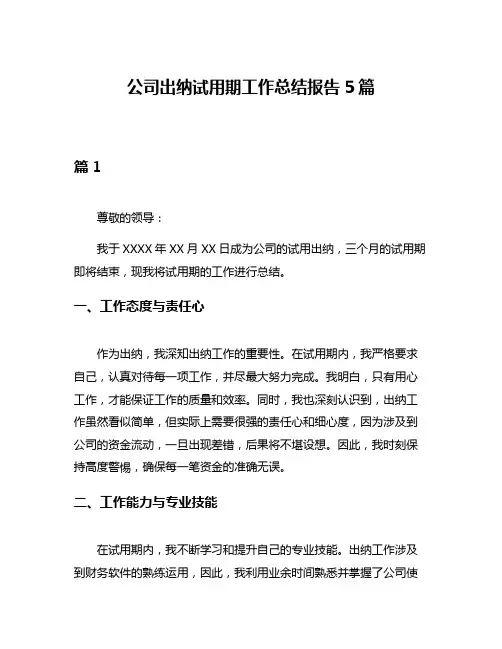 公司出纳试用期工作总结报告5篇