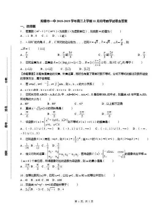 阳春市一中2018-2019学年高三上学期11月月考数学试卷含答案