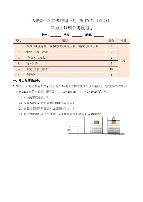 10.5浮力计算题分类练习(练习2细线杆弹簧加水放水升降台)原卷版