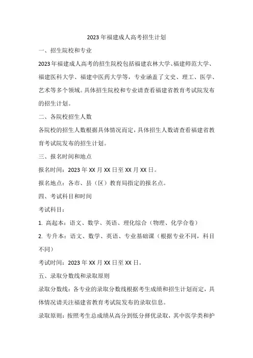 2023年福建成人高考招生计划