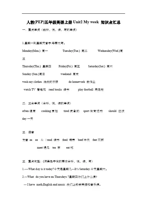 人教(PEP)五年级英语上册Unit2 My week 知识点汇总