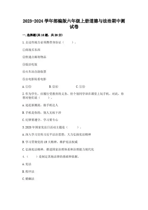 2023-2024学年部编版六年级上册道德与法治期中测试卷含解析答案