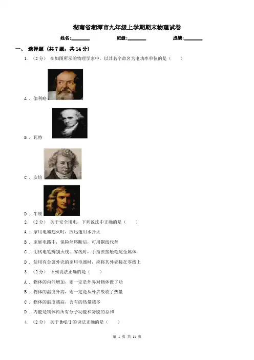 湖南省湘潭市九年级上学期期末物理试卷