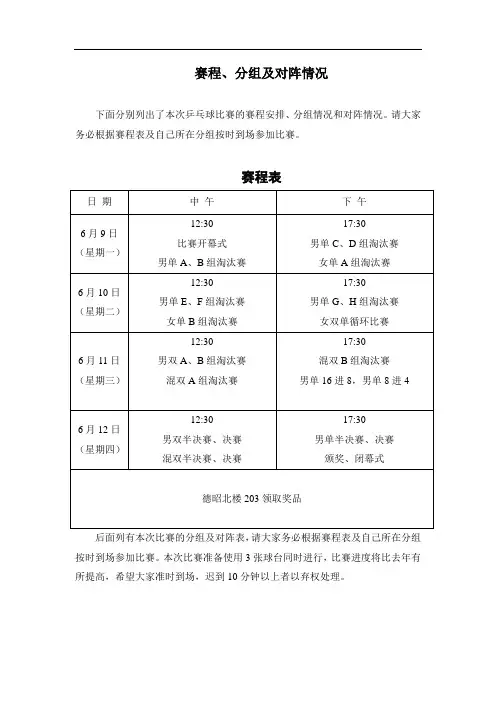 赛程、分组及对阵情况