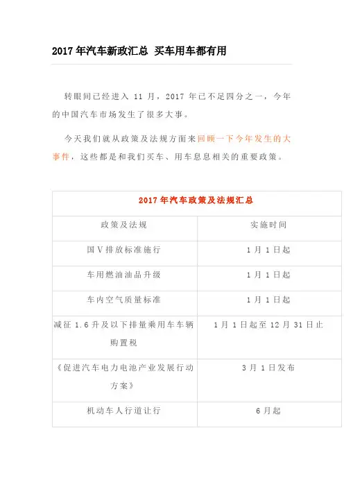 2017年汽车新政汇总买车用车都有用
