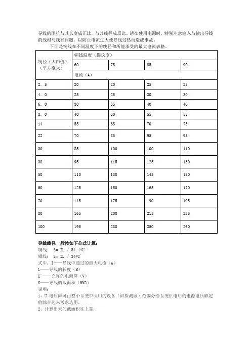 导线线径与电流规格表