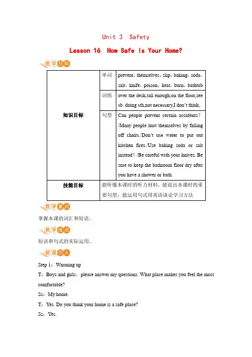 冀教版英语九年级全一册 Unit 3 Safety Lesson 16  教案