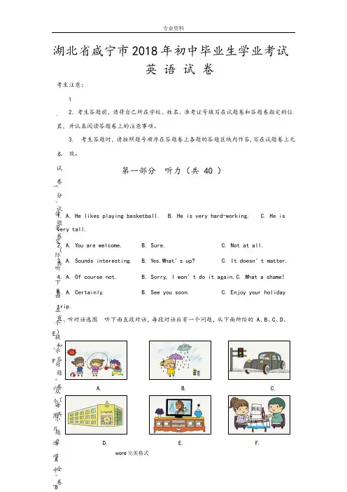 湖北省咸宁市2018年初中毕业生学业考试英语试卷