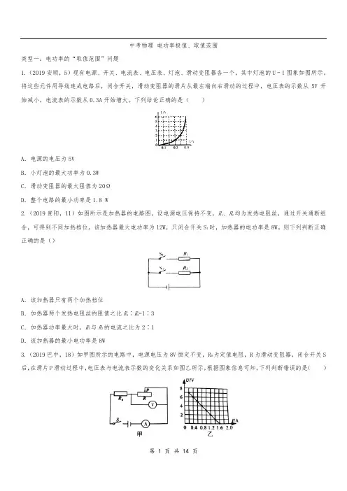 2020届人教版中考物理知识点强化练习卷：电功率的极值、取值范围