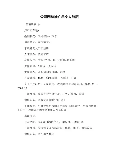 公司网络推广员个人简历