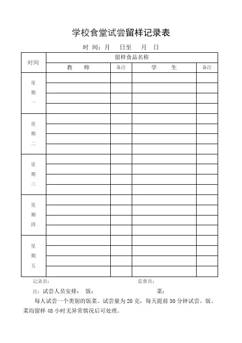 学校食堂伙食试尝留样记录表