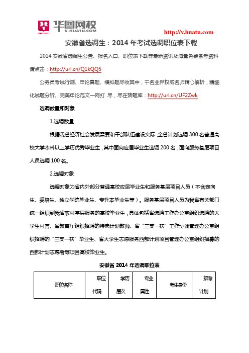安徽省选调生：2014年考试选调职位表下载