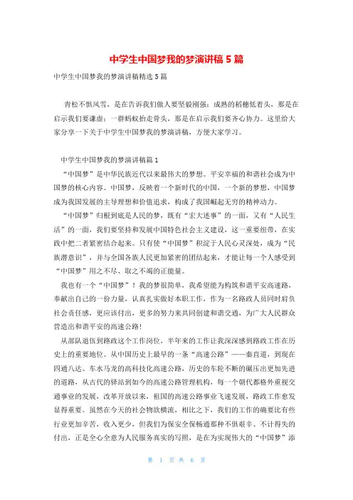 中学生中国梦我的梦演讲稿5篇
