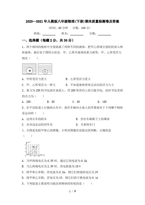 2020—2021年人教版八年级物理(下册)期末质量检测卷及答案