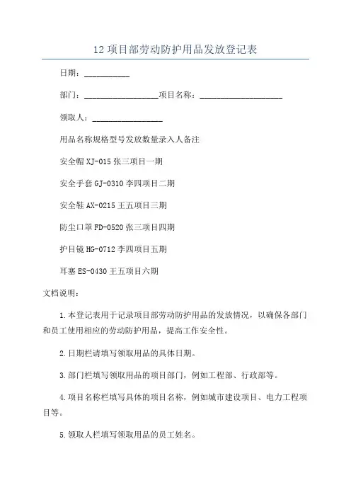 12项目部劳动防护用品发放登记表