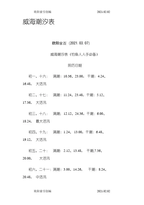 威海潮汐表之欧阳索引创编