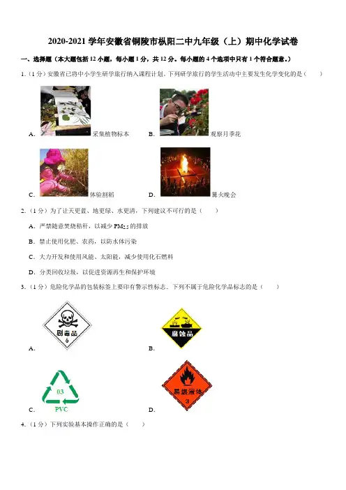 2020-2021学年安徽省铜陵市枞阳二中九年级(上)期中化学试卷(Word+答案)