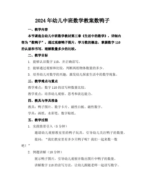 2024年幼儿中班数学教案数鸭子