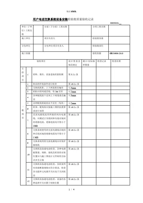 用户电话交换系统设备安装检验批质量验收记录.(优选)
